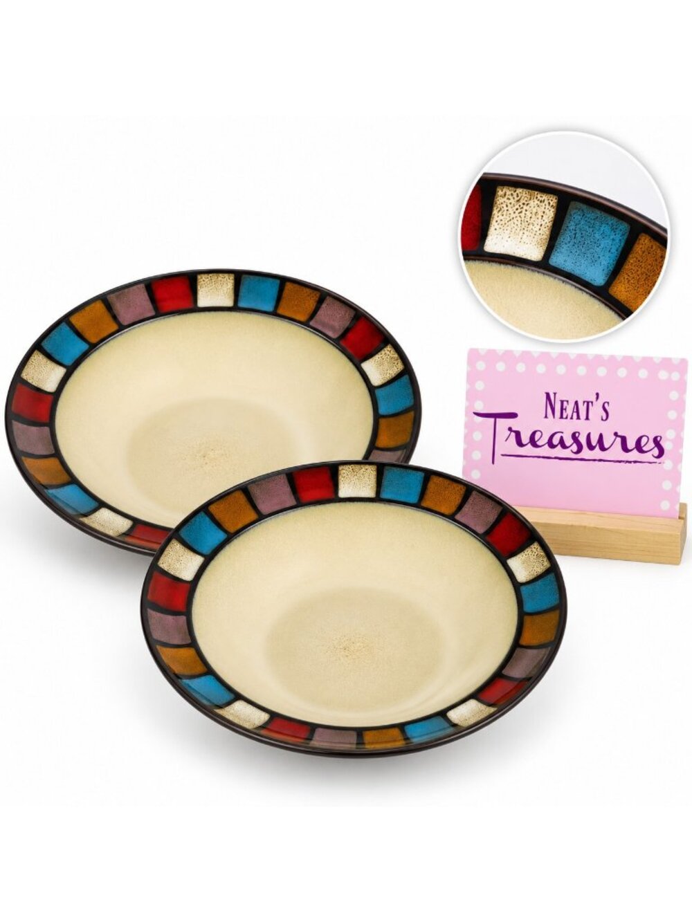 Gibson Elite Couture TABELLA Mosaic Tile Rim Stoneware Soup Cereal Bowls Set 2
